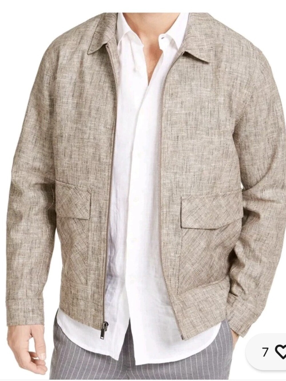 Tasso Elba Beige Linen-Cotton Bomber Jacket